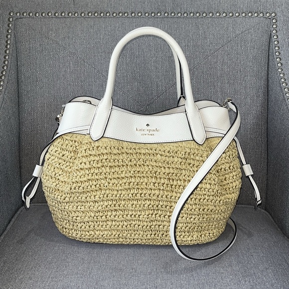 ♠️kate spade Dumpling Straw Large Satchel Bag, Parchment NWT - Picture 7 of 14